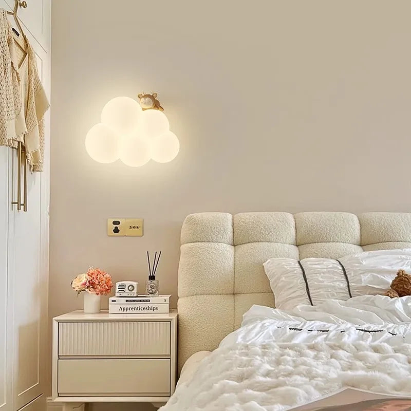 Lámpara de Pared de Animales de Dibujos Animados de Mono, Candelabro de Nube Blanca, Luz Nocturna para Guardería y Dormitorio Infantil