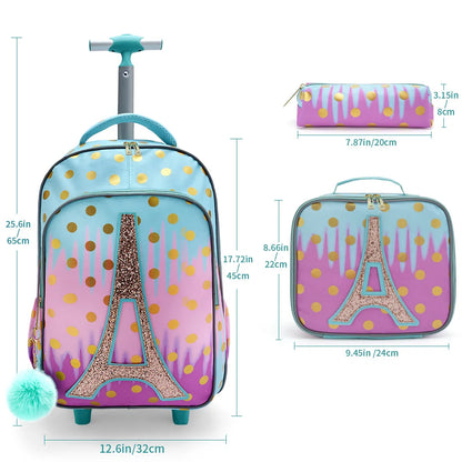Set 3PCS Mochila Escolar con Ruedas para Niñas - Diseño Torre Eiffel Rosa con Lentejuelas y Función Brilla en la Oscuridad
