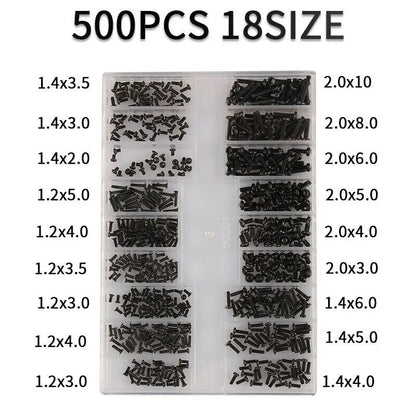 Kit de 500 Piezas de Tornillos Miniatura – 18 Tipos para Reparación de Laptops, Móviles y Gafas
