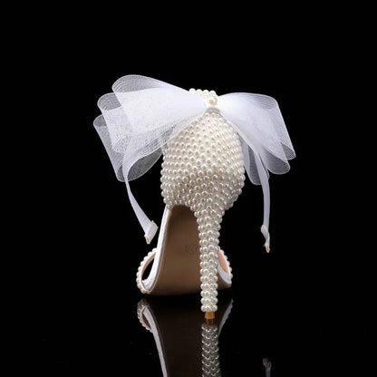 Sandalias de Tacón Alto  - Elegantes con Punta Abierta, Adornos de Rhinestones y Perlas para Novias