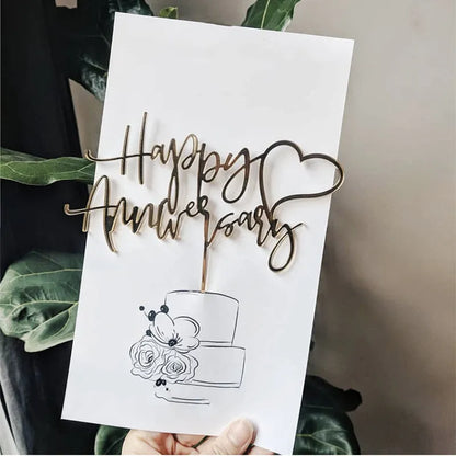 Adorno de pastel acrílico dorado "Feliz cumpleaños" - Diseño de corazón para bodas, San Valentín y postres de fiesta