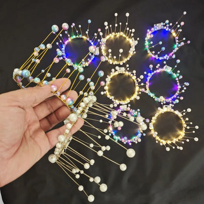 Corona de Pastel  con Perlas y Luz LED - Decoración para Fiestas de Princesa, Cumpleaños y Bodas