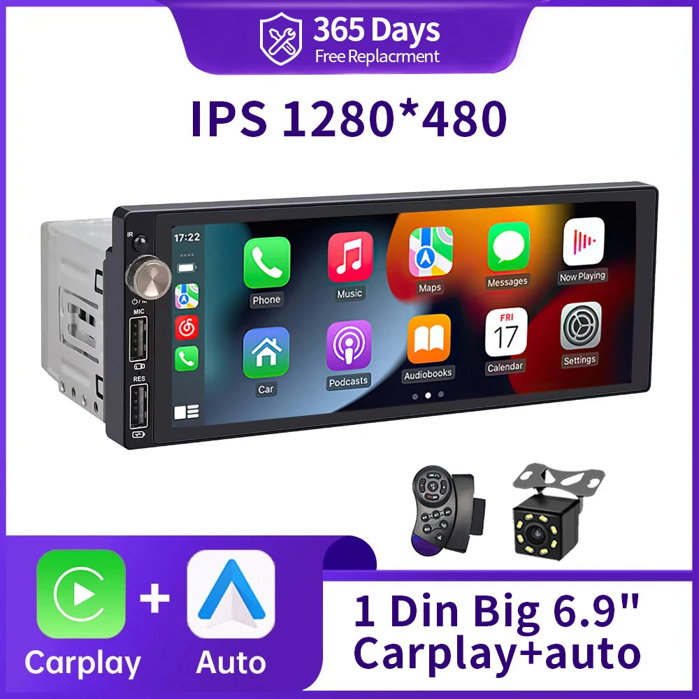 Reproductor Multimedia de Automóvil IPS 6.9" 1 DIN - CarPlay y Android Auto, Bluetooth, USB, MP5 Player sin DVD