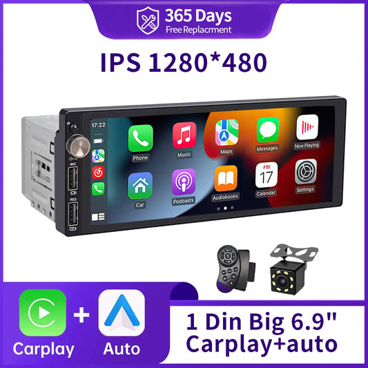 Reproductor Multimedia de Automóvil IPS 6.9" 1 DIN - CarPlay y Android Auto, Bluetooth, USB, MP5 Player sin DVD