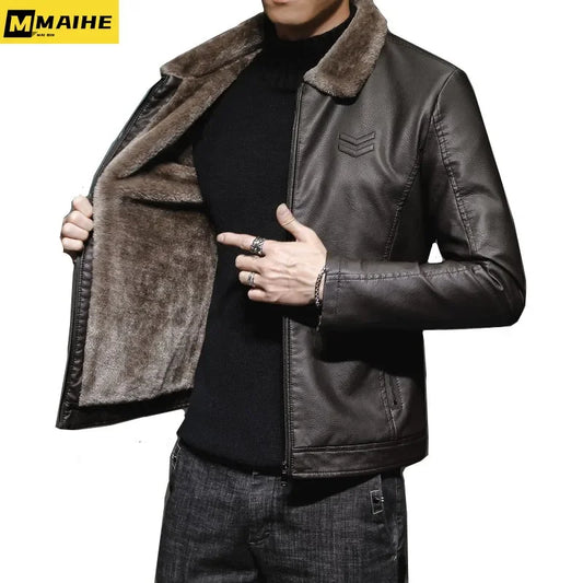 Chaqueta de Cuero de Marca para Hombre - Abrigo de Motocicleta a Prueba de Viento con Cuello de Piel Engrosada