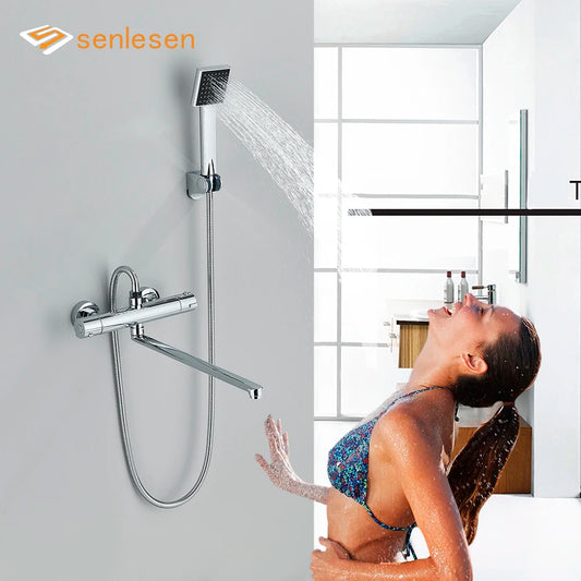 Grifo Termostático de Bañera Senlesen para Baño, Salida Giratoria 360°, Montado en Pared con Mezclador de Ducha y Ducha de Mano ABS