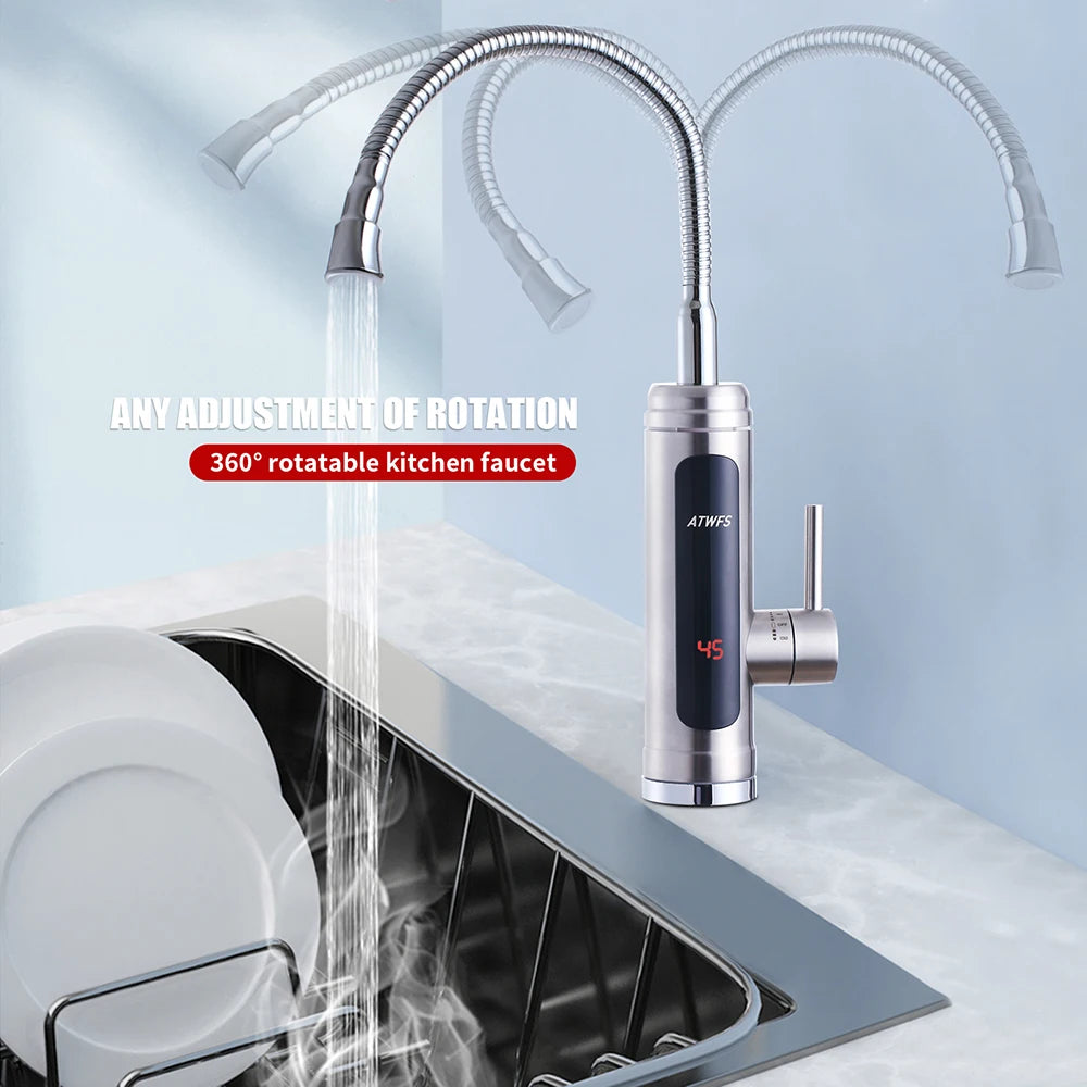 Calentador de Agua Instantáneo ATWFS para Grifo, Calentadores Sin Tanque para Cocina y Baño, Grifo Eléctrico de Agua Caliente, 220V, Carcasa de Acero Inoxidable