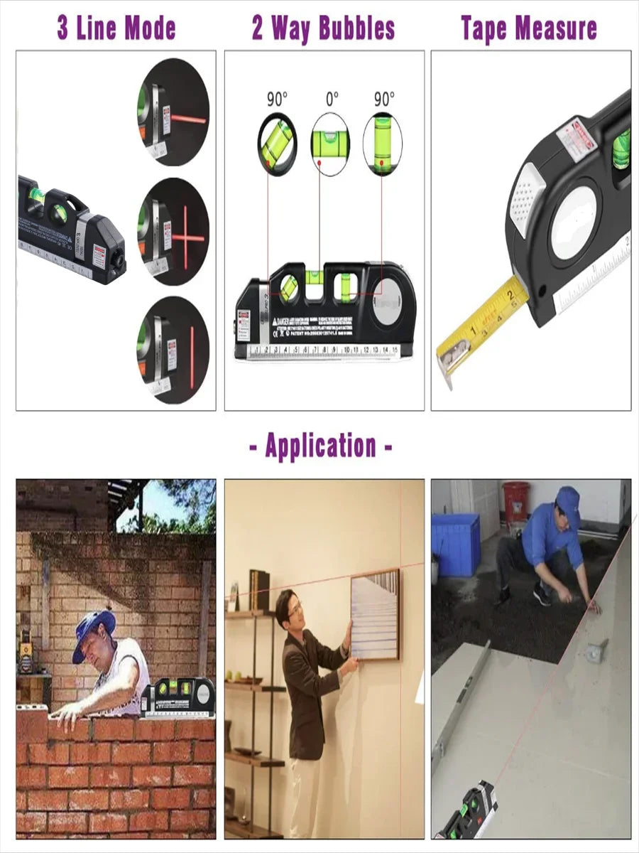 Herramienta de nivelación láser de línea multiusos, Láser de línea cruzada con cinta métrica estándar de 8 pies y 2,5 M y reglas métricas