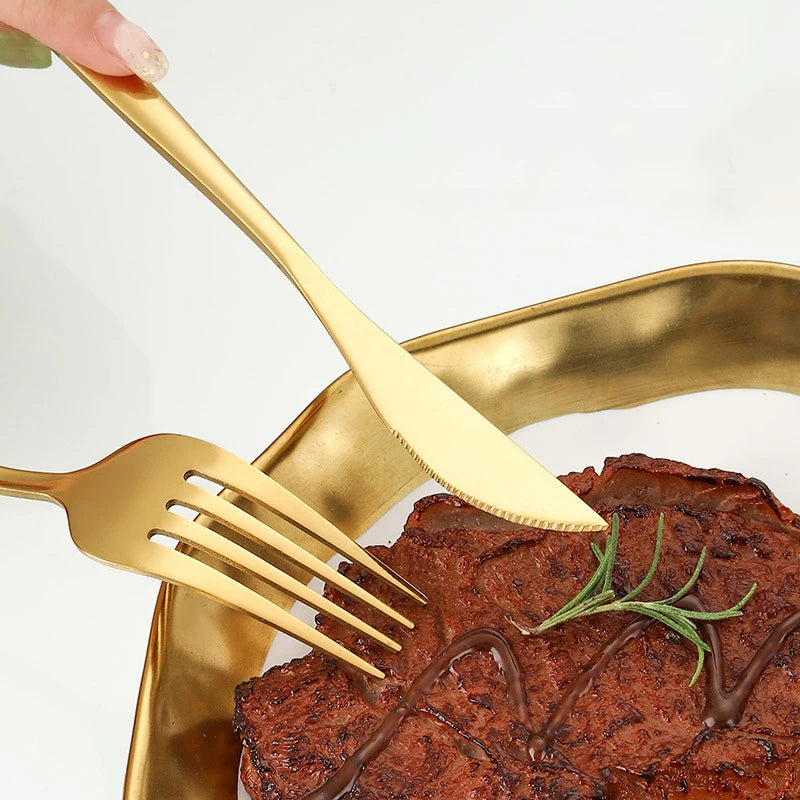 Set de Cubertería de Acero Inoxidable Dorado Portugués | 6 Pzas o 30 Pzas - Cuchillo, Tenedor, Cuchara, Cucharita y Palillos de Alta Calidad