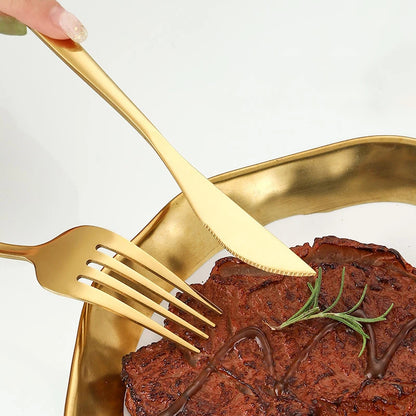 Set de Cubertería de Acero Inoxidable Dorado Portugués | 6 Pzas o 30 Pzas - Cuchillo, Tenedor, Cuchara, Cucharita y Palillos de Alta Calidad