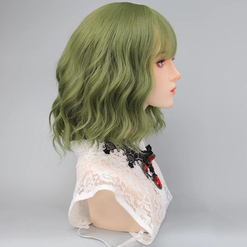 Peluca Sintética Corta con Flequillo para Mujer, Peluquín Verde Natural de Cosplay de Alta Calidad