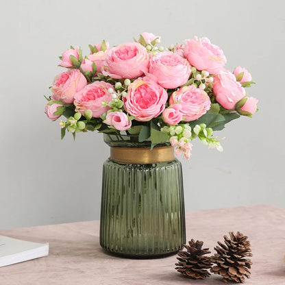 Ramo de Peonías Artificiales de Seda 30cm - Decoración para Boda, Hogar y Eventos - Flores Realistas con 5 Rosas Grandes y 4 Capullos Pequeños