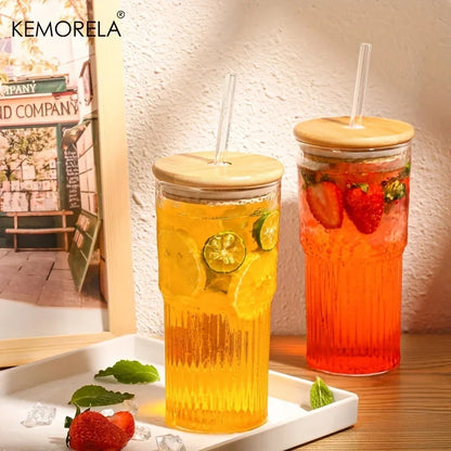 Vaso de Vidrio Acanalado 500/600ml con Tapa y Paja | Vaso para Cócteles, Cerveza, Café Helado, Jugo, Té y Agua