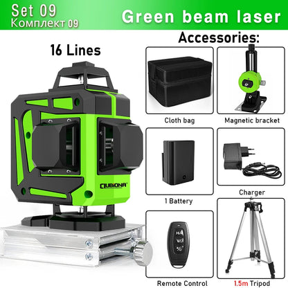 Clubiona Nivel Láser 16/12 Líneas Verde Autonivelante 360° Horizontal y Vertical, Rayo Verde Súper Potente, Herramienta de Nivelación con Modo de Pulso