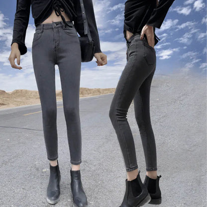 Pantalones vaqueros cálidos de invierno para mujer, vaqueros gruesos elásticos, informales, 2023