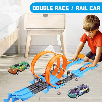 Pista de Carreras de Doble Riel con Coches de Aleación – Juguete Educativo de Carreras para Niños con Sistema de Retroceso
