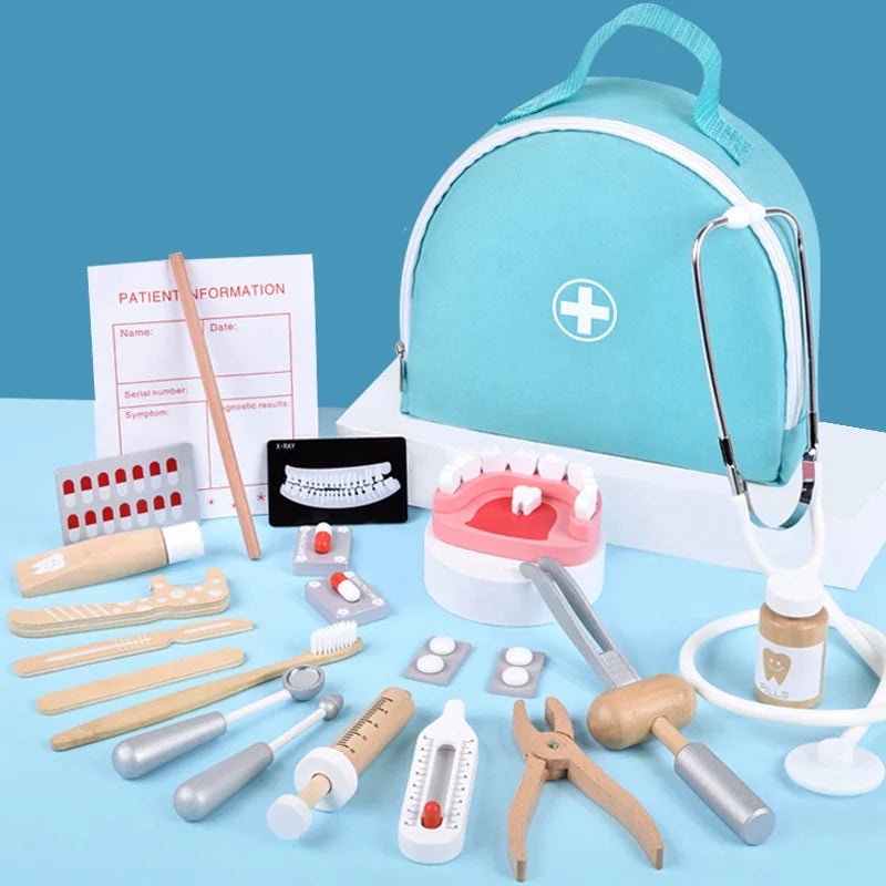 Juguetes Educativos de Simulación de Dentista de Madera, Set de Role Playing para Niños, Juego de Cepillado de Dientes y Medicina