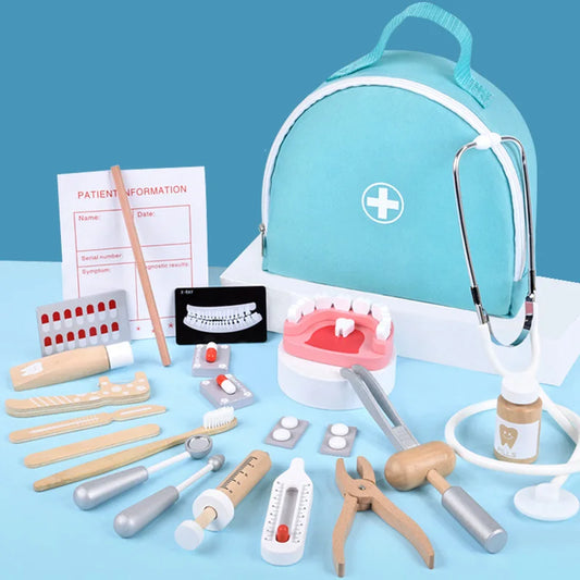 Juguetes Educativos de Simulación de Dentista de Madera, Set de Role Playing para Niños, Juego de Cepillado de Dientes y Medicina