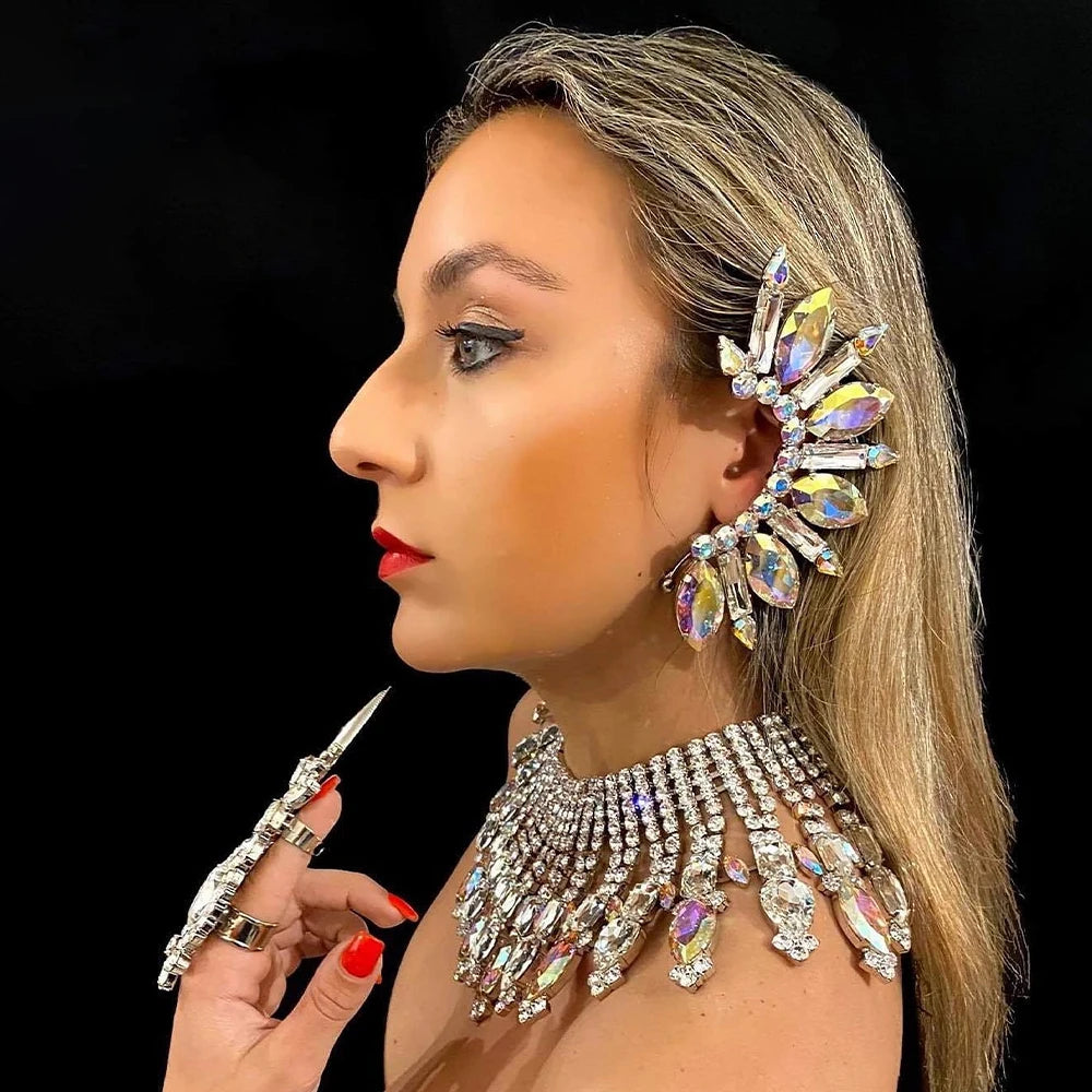 Pendientes de Clip de Oreja Exagerados con Diamantes de Imitación Brillantes para Mujer, Pendientes Grandes sin Perforación, Cristal de Color AB, Joyería de Puño de Declaración