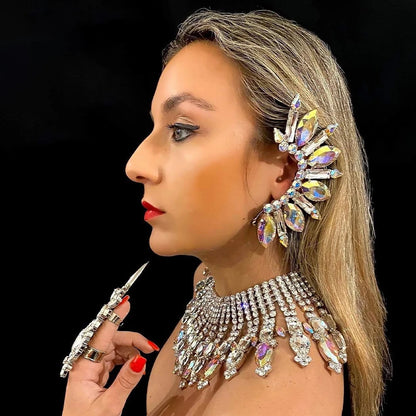 Pendientes de Clip de Oreja Exagerados con Diamantes de Imitación Brillantes para Mujer, Pendientes Grandes sin Perforación, Cristal de Color AB, Joyería de Puño de Declaración