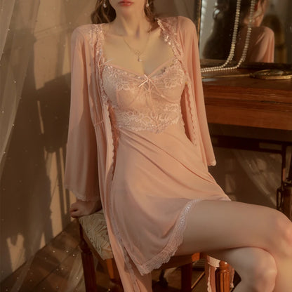 Camisón de encaje de 3 piezas para mujer, conjunto de lencería de encaje Floral, ropa de dormir Sexy, suave y transpirable