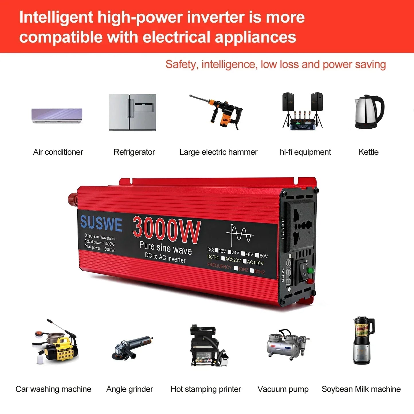 Inversor de Onda Sinusoidal Pura 12V a 110V/220V, Convertidor Portátil de Batería Solar, Potencia Pico de 1000W/2000W/2200W/3000W
