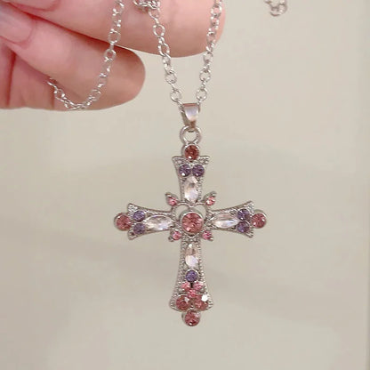 Collar Gótico de Cruz Rosa con Zirconia Púrpura - Necklace Y2K Punk de Corazón para Mujeres | Accesorios de Joyería Grunge