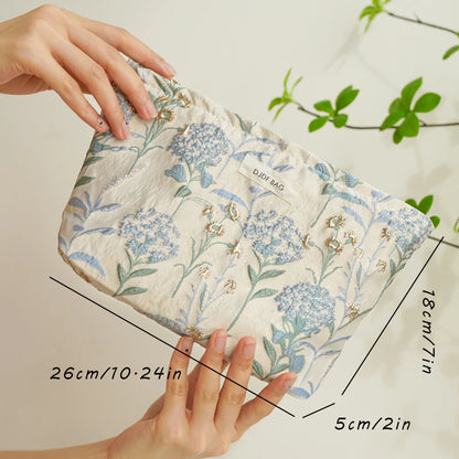 Bolsa de Maquillaje para Mujer - Diseño Floral Azul - Gran Capacidad y Versatilidad