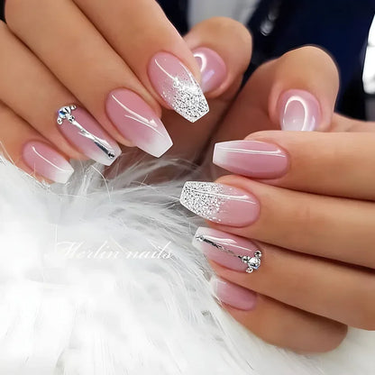 Uñas postizas blancas con degradado de 24 piezas, uñas postizas cortas cuadradas de Ballet, simples, se pueden usar al presionar, Nude uñas, arte de manicura de cobertura completa