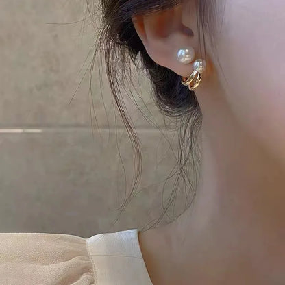 Aretes de Perlas con Diseño Irregular Coreano - Pendientes Geométricos de Metal Dorado para Mujeres, Joyería de Moda para Fiesta