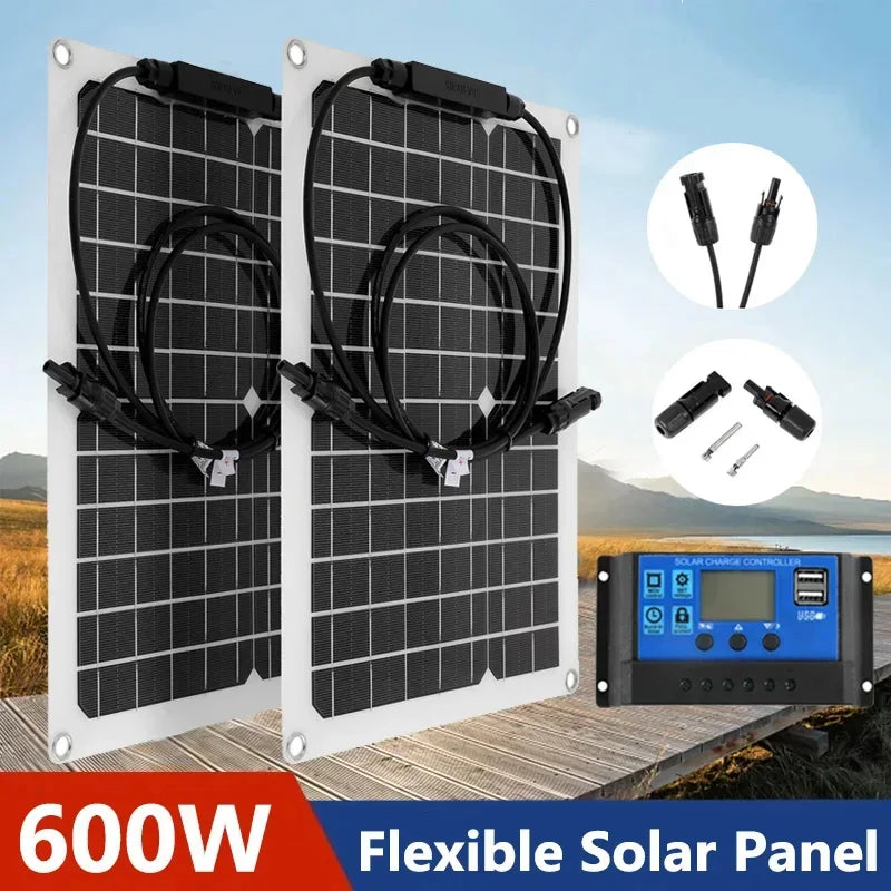 Panel Solar Flexible 30W-600W con Cargador Dual USB y Controlador 10A-100A – Energía Eficiente para Móviles y Vehículos