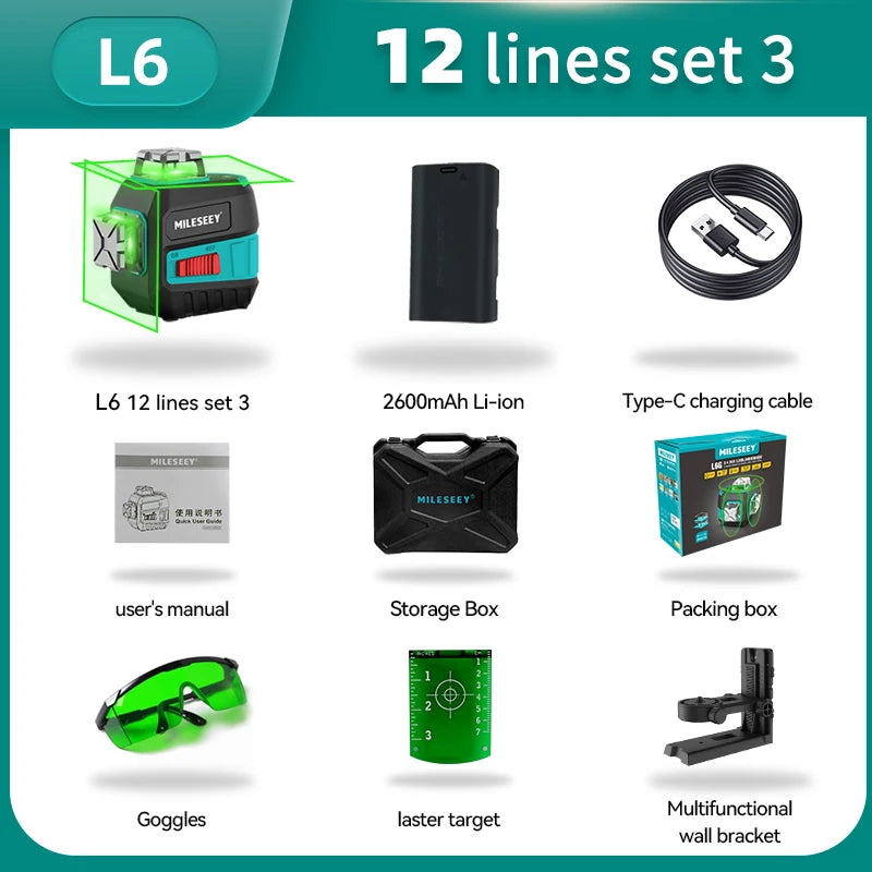 Nivel Láser 3D L52R L62, Herramienta de Nivelación 2 Líneas con Batería y Trípode, Autonivelante Horizontal y Vertical