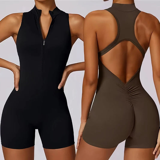 Conjunto de Gimnasio Scrunch Jumpsuit para Mujer | Traje Deportivo de Yoga con Cremallera y Pantalones Cortos de Cintura Alta | Ropa de Ejercicio de Secado Rápido