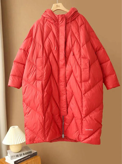 Abrigo largo holgado para mujer, chaqueta de plumón de pato blanco, parka con capucha de plumas, 90%, invierno