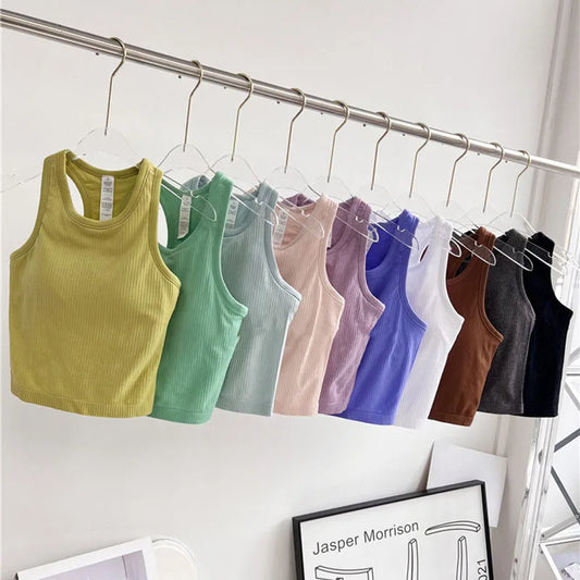 Camiseta Deportiva Sin Mangas de Canalé Sólido para Mujer, Chaleco de Yoga Suave en Forma de Y, Camiseta Transpirable de Secado Rápido para Correr, Cómoda y Extraíble en el Pecho