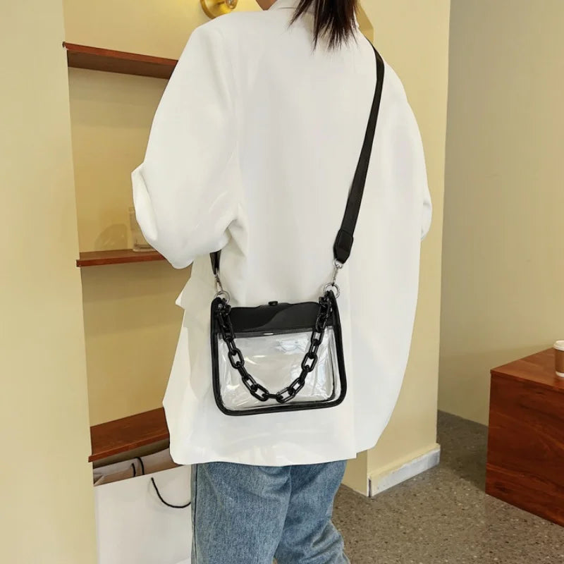 Bolso Transparente Cruzado para Mujer, PVC Claro, con Cadena de Hombro Ajustable, Pequeño Satchel Moderno y Chic