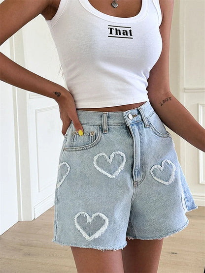 REALEFT-pantalones cortos de mezclilla con estampado de amor para mujer, vaqueros de cintura alta, informales, elegantes, rectos, primavera y verano, 2024