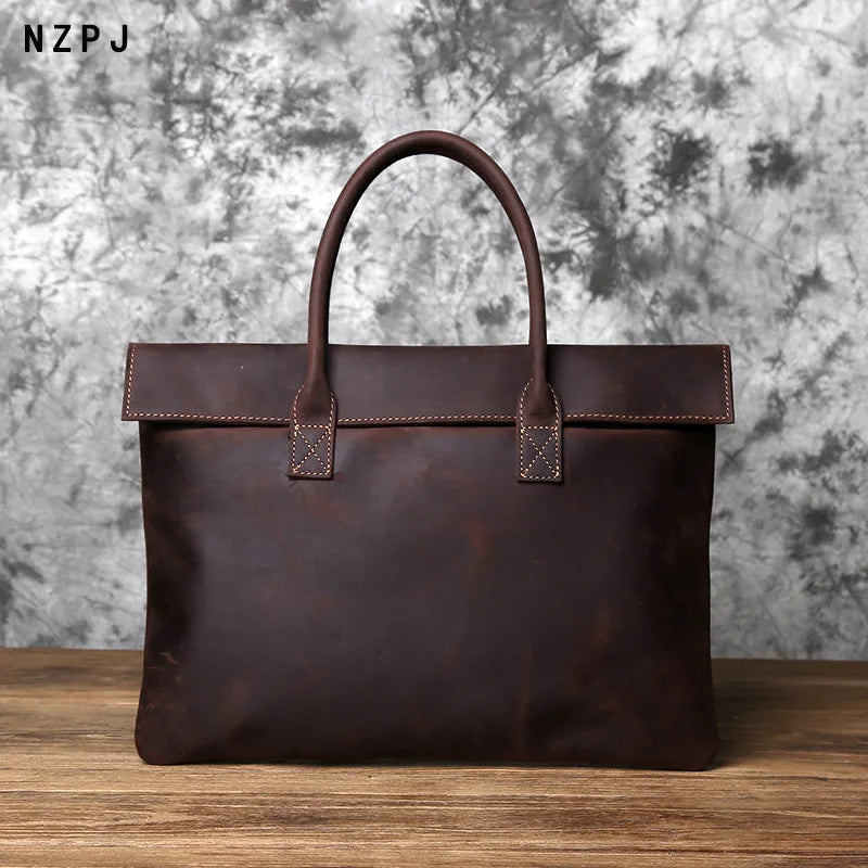 NZPJ Retro Men's Briefcase - Maletín de Cuero Crazy Horse para Laptop de 15 a 16 Pulgadas, Bolso Casual y de Negocios