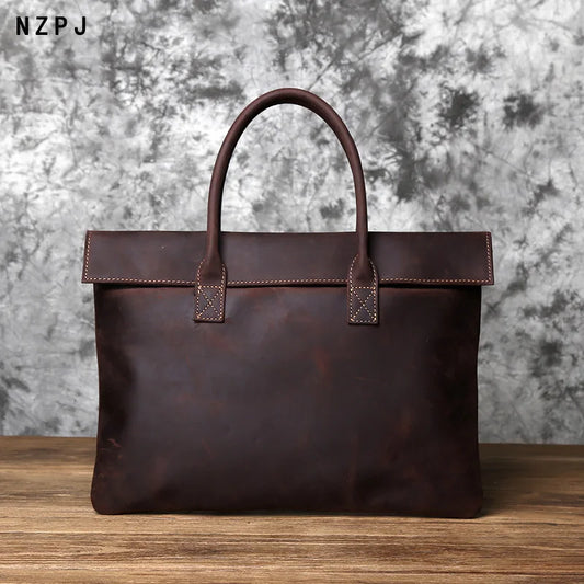 NZPJ Retro Men's Briefcase - Maletín de Cuero Crazy Horse para Laptop de 15 a 16 Pulgadas, Bolso Casual y de Negocios