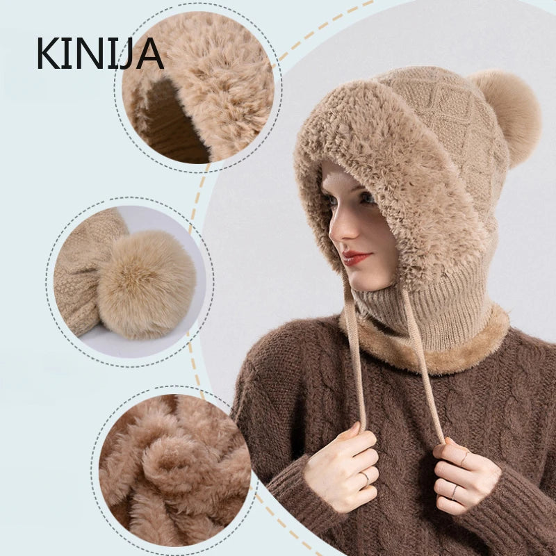 Pasamontañas de Lana de Punto de Terciopelo para Mujer - Gorro Esponjoso con Protección para los Oídos y Máscara de Cuello Integrada