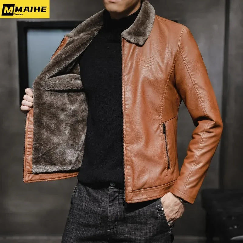Chaqueta de Cuero de Marca para Hombre - Abrigo de Motocicleta a Prueba de Viento con Cuello de Piel Engrosada