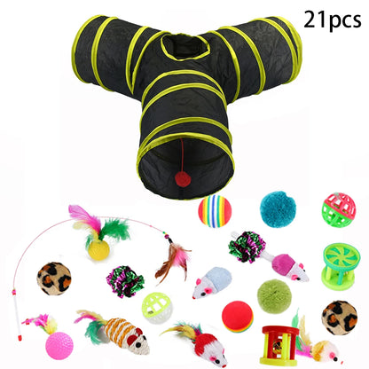 Sonajero para Gatos y Túnel de Papel Arrugado, Juguetes para Gatos Pequeños, Túnel Plegable de Poliester y Algodón, Tienda y Juguetes para Gatos, 21 Piezas