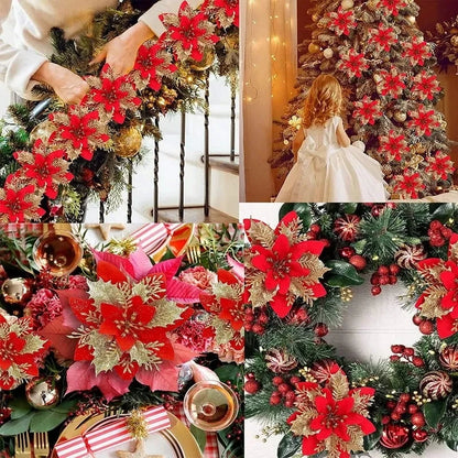 Juego de Flores Navideñas Artificiales con Brillo (10/5/1 piezas) - Decoración de Árbol de Navidad y Adornos Festivos 14.5 cm