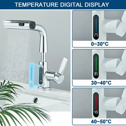 Grifo de Lavabo con Pantalla Digital de Temperatura | Mezclador de Agua Fría y Caliente | Caño Retráctil y Rocío 3 en 1