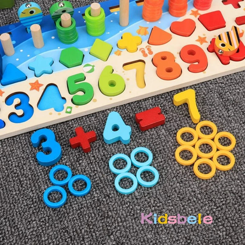 Wooden Number Puzzle Sorting Montessori Toys – Educational Shape Sorter & Counting Fishing Game for Toddlers