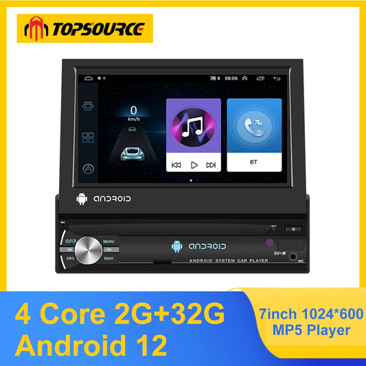 Reproductor de Radio para Automóvil TOPSOURCE 1 DIN - Android 12, Pantalla Retráctil de 7", GPS, WiFi, CarPlay, Bluetooth, FM