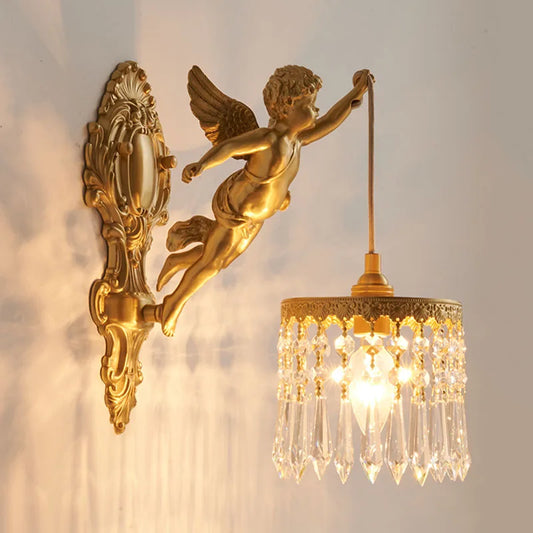 Lámpara de Pared de Cristal con Flor Colgante y Ángel de Cobre de Estilo Vintage Francés, Iluminación de Cabecera de Palacio, Pasillo, Entrada, Porche, Balcón