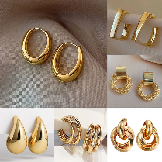 Pendientes de aro ovalados de color dorado vintage para mujer, joyería de metal, moda coreana, novedad de 2024