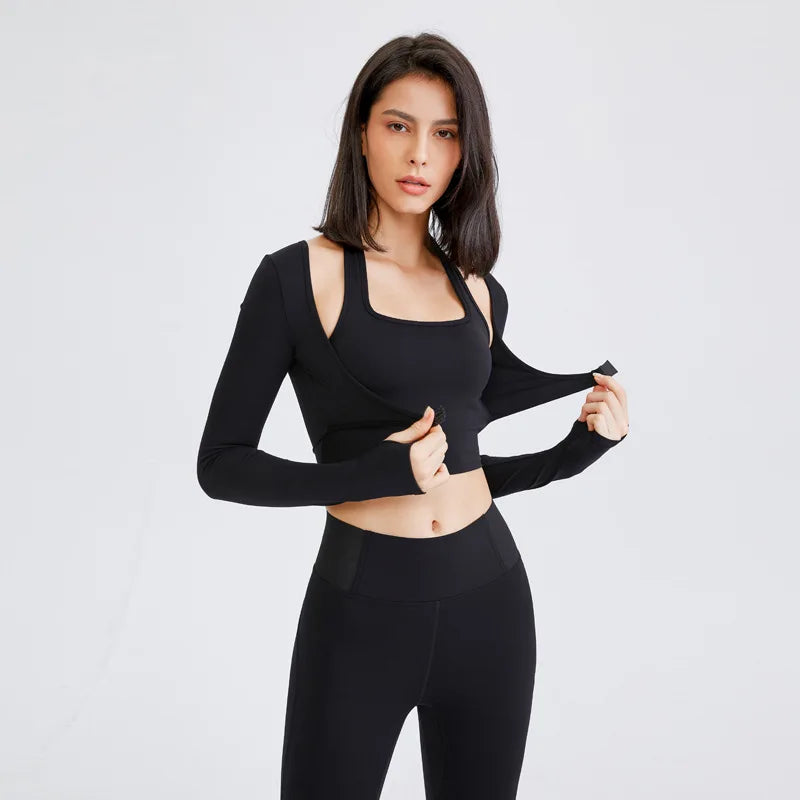 Camiseta Deportiva de Manga Larga para Mujer, 2 en 1 Top Corto para Fitness, Entrenamiento, Yoga, Gimnasio