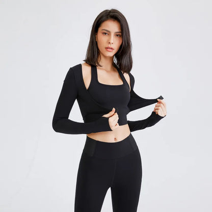 Camiseta Deportiva de Manga Larga para Mujer, 2 en 1 Top Corto para Fitness, Entrenamiento, Yoga, Gimnasio